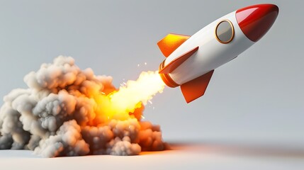 Naklejka na ściany i meble 3D Rocket Launching in Gray and Orange Style, To provide a dynamic and visually appealing image of a rocket launch for use in technology, space, and