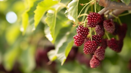 Red mulberry harvest on a branch in the garden, agribusiness business concept, organic healthy food and non-GMO fruits with copy space