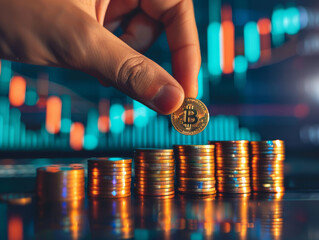 Hand Placing Bitcoin on Rising Stacks of Coins with Financial Charts Background