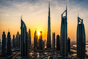 Fototapeta na wymiar Evening view of silhouettes Dubai city modern skyscrapers at sunset background. Cityscape UAE city with new towers at dusk sky. Construction and modern architecture concept. Copy ad text space, poster
