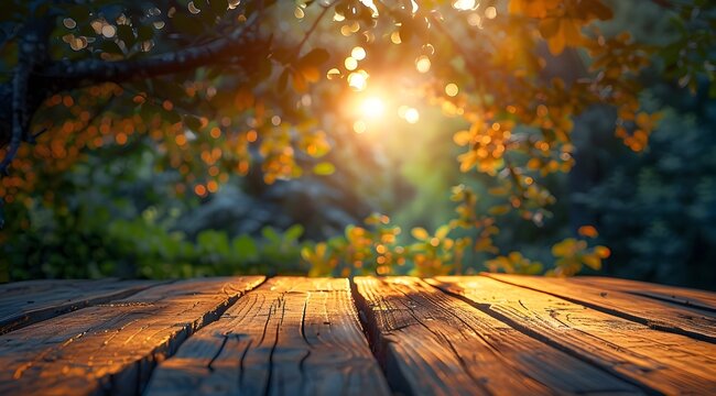 Wooden Table in Nature with Sunlight, To provide a high-quality, visually appealing stock photo of a wooden table in a forest setting with sunlight,