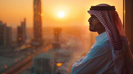 bahraini man in nationalist attire looking out of a window, - obrazy, fototapety, plakaty