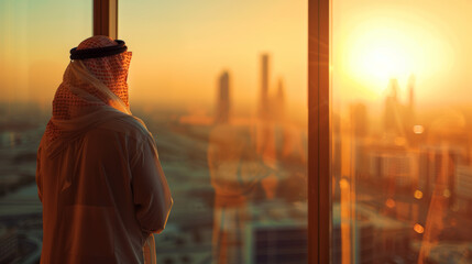bahraini man in nationalist attire looking out of a window, - obrazy, fototapety, plakaty