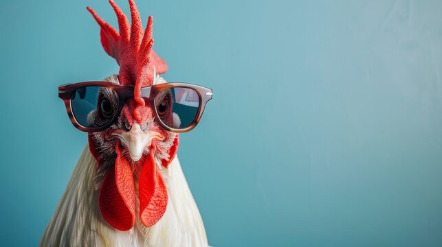 Chicken with sunglasses on pastel background, isolated for text placement opportunities