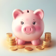 Pink piggy bank next to gold coins and house property, real estate investment, savings, budget and home loan, mortgage. Business concept.