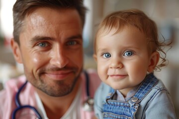 Close-up portrait of professional male pediatrician and a little boy patient. Smiling doctor with stethoscope hugging a cute baby. Routine medical check up at children's clinic.