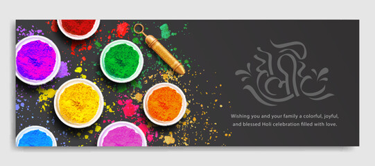 holi festival creative social media cover banner design concept bouls of gulal powder on black and colorful abir spread background