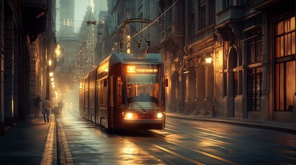Image of tram gliding down a city street.