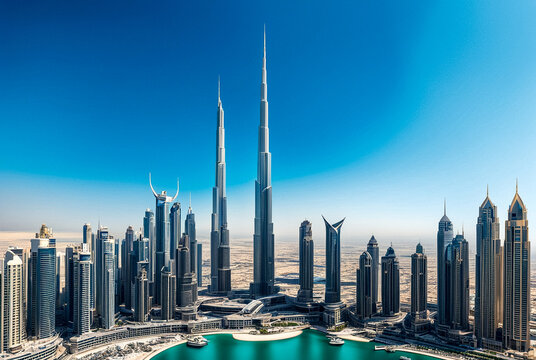View of modern skyscrapers of Dubai city, UAE with burj khalifa, blue sky background. Amazing urban cityscape of new towers at blue sky. Construction and modern architecture concept. Copy text space