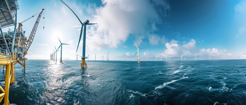 Offshore Wind Farm Panorama with Blue Sky and Ocean