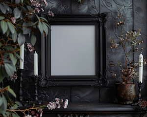 front view mockup of a square Black Gothic Baroque style picture frame on an elegent table with candles, black background dark, moody