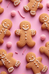 Delicious homemade gingerbread cookies on a vibrant pink background, shot from above in flat lay style