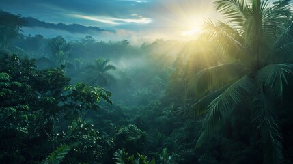 A stunning photo wallpaper of a super dark blue and super dark green tropical jungle, with a beautiful sunrise casting a calming and awakening effect on the mind, accompanied by some mist.