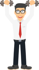 Man with a dumbbell. Businessman trains, does sports exercises, vector illustration