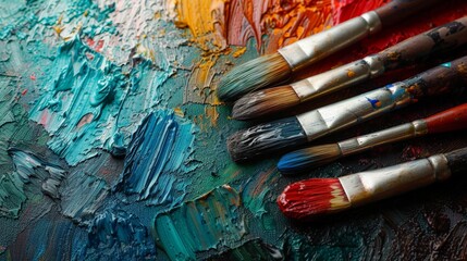 Colorful Paint Brushes on Palette with Variety of Colors for Artistic Creations and Creative Projects