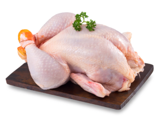 Raw whole chicken on cutting board isolated on white background