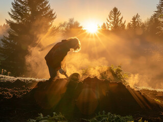 Golden Hour Gardening: Woman Tending to Vegetable Patch at Sunrise