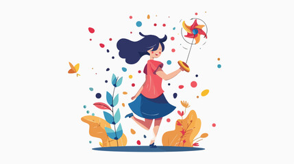 girl playing with spinning top character Flat vector