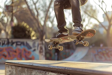 A thrilling moment of a skateboarder performing a trick in an urban skate park
