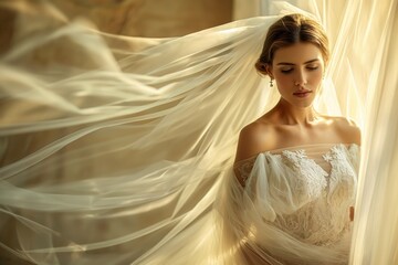 Young woman in a bridal dress with flowing veil backlit by warm sunlight