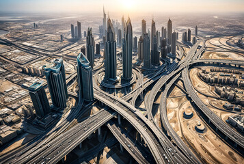 Aerial view of cityscape district Dubai with interchange highway and modern skyscrapers. Urban background of UAE city business new towers. Construction and modern architecture concept. Copy text space - obrazy, fototapety, plakaty