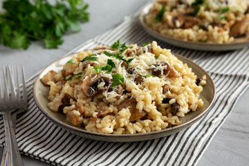 Homemade One-Pot Bacon And Mushroom Risotto on a Plate, low angle view.