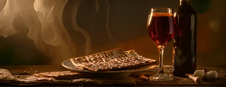 Pesach matzo passover with wine and matzoh jewish passover bread. 4K Video