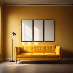  A yellow sofa stands against a background of a wall with empty frames, Scandinavian style, light from the window on the side