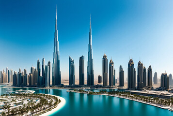 Panoramic view of silhouettes Dubai modern skyscrapers sunny summer day. Panorama of cityscape UAE city with new towers at blue sky. Construction and modern architecture concept. Copy ad text space