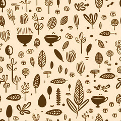 Brown coffee cups and leaves seamless pattern on beige background. Texture and design concept. Flat illustration for print, textile, fabric, interior, design, decor 