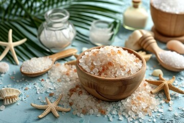 Clay ceramic bowls with himalayan kitchen white, pink and green salt. Concept of care in spa salons or ritual traditions