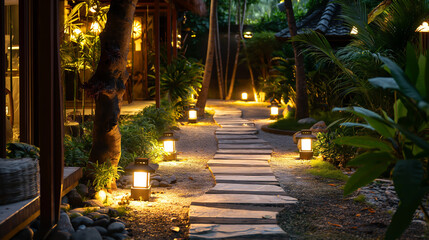 Garden stone walkway with lighted candles in the evening.	Resort and hotel with nature for travel,