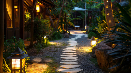 Garden stone walkway with lighted candles in the evening.	Resort and hotel with nature for travel,
