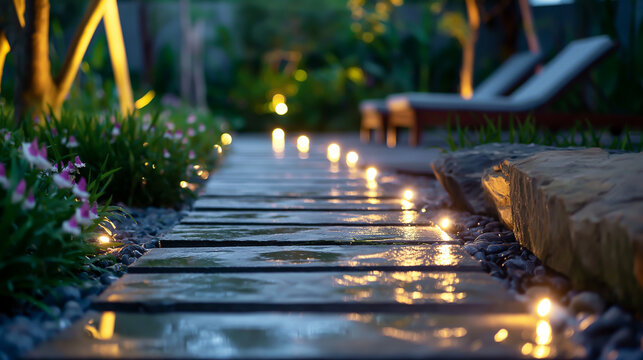 Garden stone walkway with lighted candles in the evening.	Resort and hotel with nature for travel,