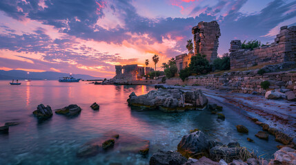 Twilight view of Side ruins in Turkey