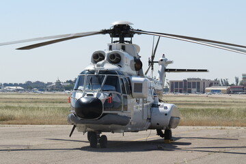 helicopter on static display platform flight super puma gray turbines stationary air base air...