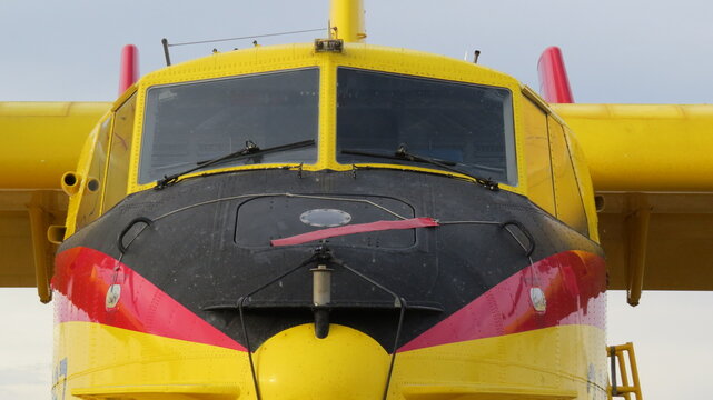 fire extinguisher group 43 canadair cl-415 seaplane yellow and red cabin in static air display air base