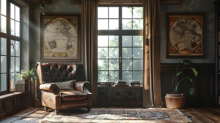 Fototapeta na wymiar Antique Chair in Cozy Reading Room with Map Pictures in Unreal Engine 5 Style, The purpose of this image is to showcase a cozy and elegant reading