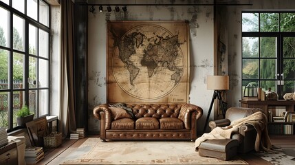 Vintage Living Room with World Map in Steampunk Style, To provide a unique and stylish depiction of a vintage living room, evoking a sense of