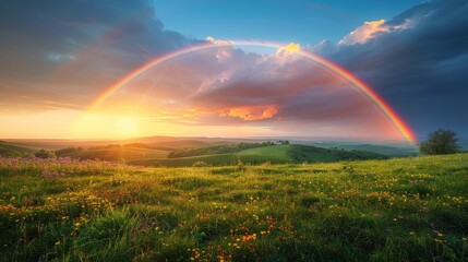 Naklejka premium Rainbow in the Sky Over Field