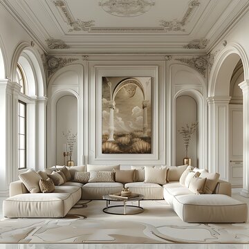 Wall art picture frame mockup in luxurious white mansions living room