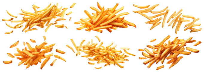 Set of flying delicious potato fries, cut out