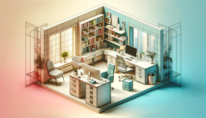 Open and Interconnected Office Design: Pastel 3D Style