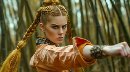 A determined young woman with long, braided golden hair, practicing martial arts in a bamboo forest, dressed in traditional warrior attire.