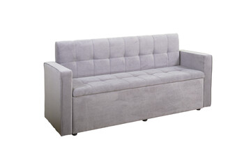 Gray sofa with velor fabric pillows isolated on a white background. Cushioned furniture.