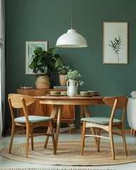 Interior of modern cozy living room with dining area. Green walls with posters, round wooden dining table and mint color chairs on a round carpet, many indoor plants.