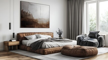 Modern Bedroom with Brown Fur and Art, To provide a high quality, visually appealing stock photo of a modern bedroom for use in advertising, design,