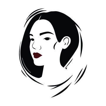 Black and white illustration of a beautiful woman's face with abstract long hair. isolated white background. vector flat illustration.