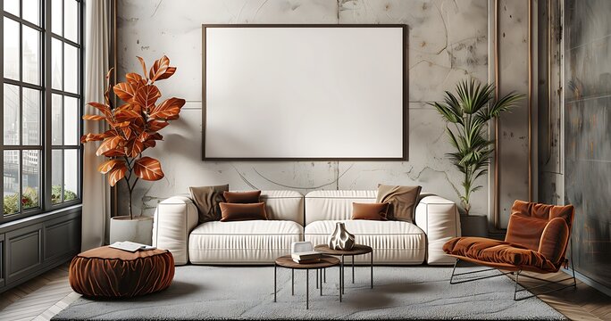 Large wall art picture frame mockup in modern living room