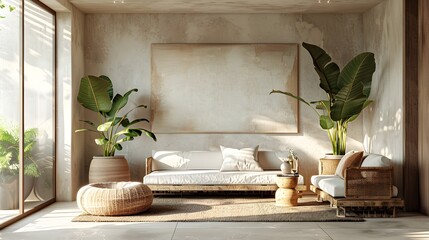 Tropical Living Room in Modern Decor, To provide a high-quality, visually appealing image of a modern living room decorated in the tropical style, - obrazy, fototapety, plakaty